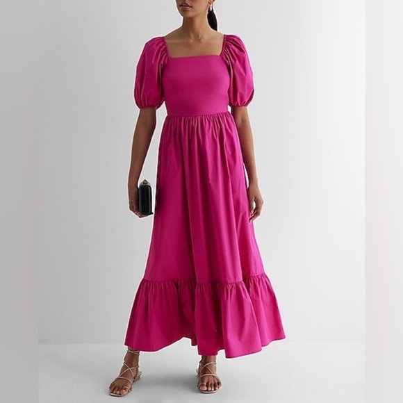 Express Dresses & Skirts - Express Size L Bright Fuchsia Elegant Pink Puff Sleeve Maxi Dress